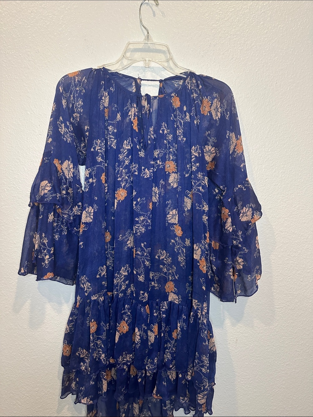 Free People Blue Floral Ruffle Bell Sleeve Boho Mini Dress L
